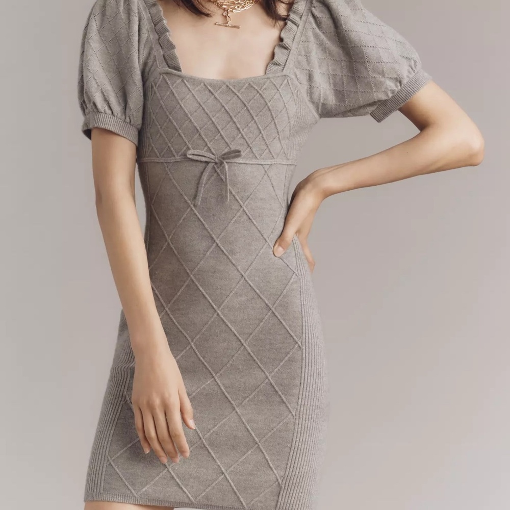 By Anthropologie Puff-Sleeve Crosshatch Sweater Dress Gray size M NWT